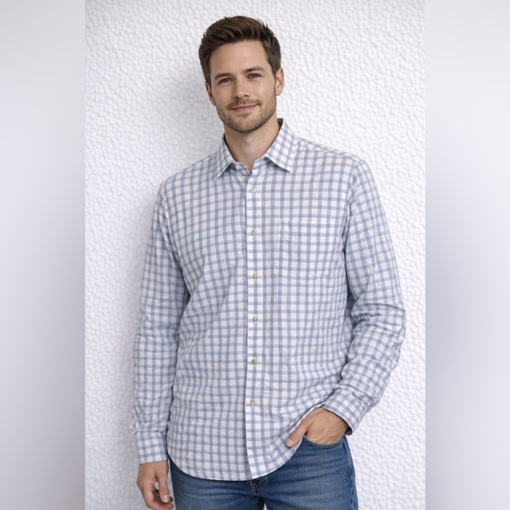 Ike Behar Men’s Medium Blue White Check Dress Shirt 100% Cotton Long Sleeve